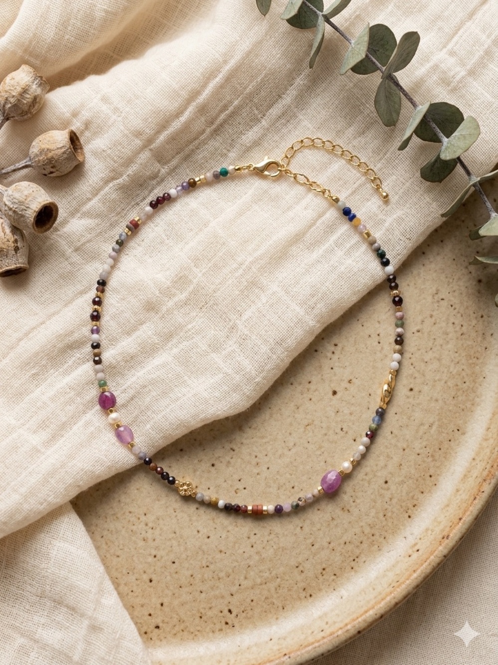 Delicate Multi-Bead Necklace with Purple Accents